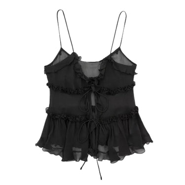 Black ruffled top on a white background